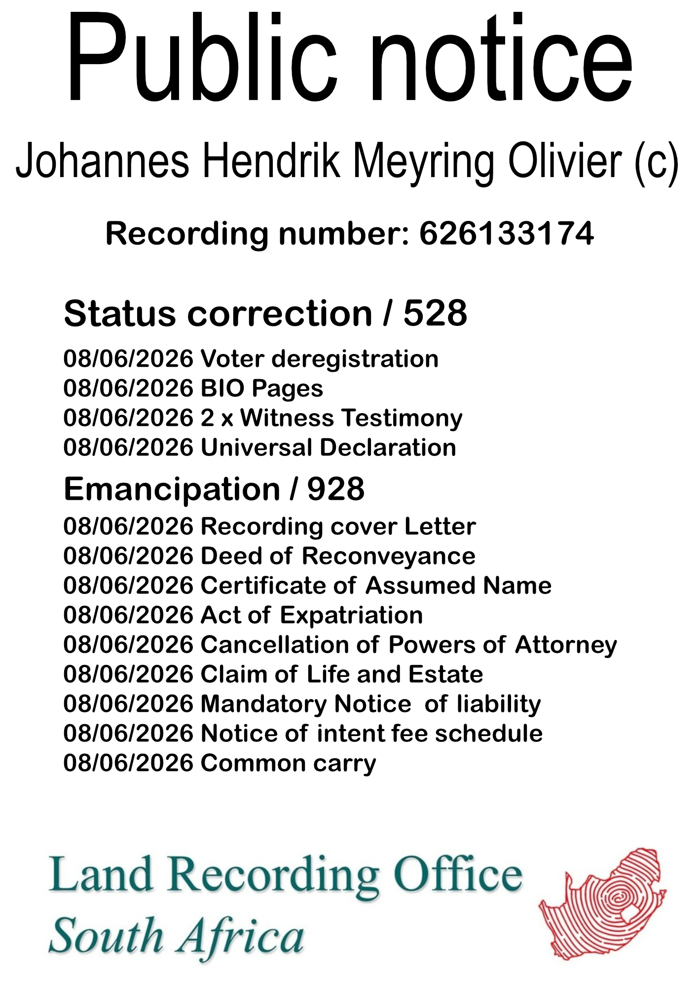 Public notice Johannes Hendrik Meyring Olivier (c) Recording number 626133174